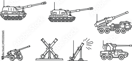 Set of military artillery and combat vehicles outline vector icons for war games and defense concepts isolated on white background