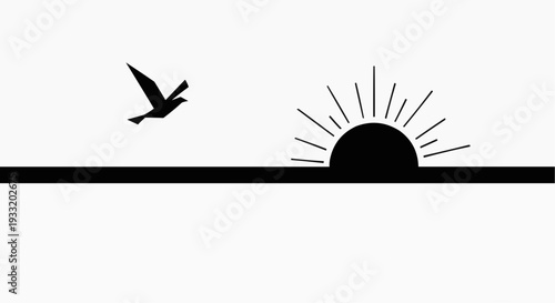A minimalist vector graphic of a bird flying towards a rising sun