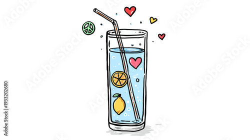 Refreshing Lemon and Lime Drink Illustration with Straw and Hearts, Healthy Beverage Doodle for Summer Hydration