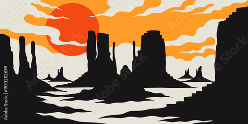 USA, US, U.S, United States - Rustic travel badge style, Monument Valley silhouette, ultra-wide flat vector 