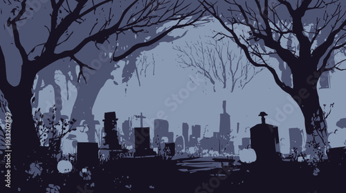 Dark and eerie graveyard scene with ancient tombstones, leafless trees, and fog at night, perfect for Halloween.