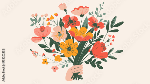Beautiful hand-drawn illustration of a vibrant bouquet with colorful spring flowers held by a hand. Perfect for celebration, gift, nature, and floral designs.
