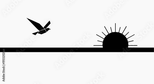 A minimalist vector graphic of a bird flying towards a rising sun