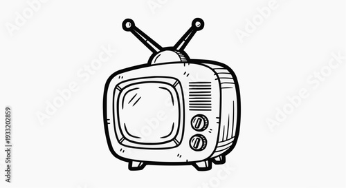 A black and white vector illustration of a vintage television set with antennae