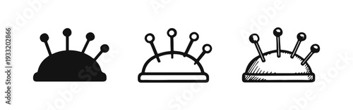 Pincushion Icons Set. Essential Sewing Tool Symbol in Solid, Outline, and Hand-Drawn Sketch Styles on White Background.