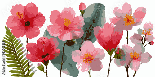 Vibrant tropical hibiscus flowers and exotic green leaves watercolor illustration set