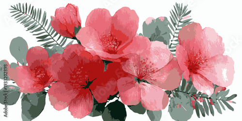 Vibrant tropical hibiscus flowers and exotic green leaves watercolor illustration set