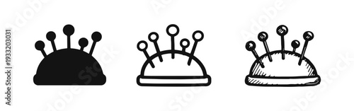 Sewing Pincushion Icons Set. Needle Craft Accessory Symbol in Solid, Outline, and Hand-Drawn Sketch Styles on White Background.