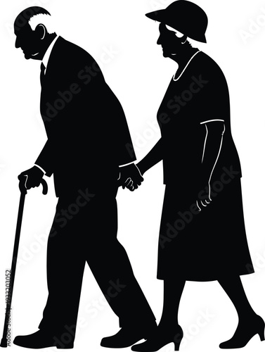 Silhouette of elderly couple walking together with cane