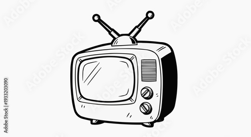 A black and white illustration of a vintage television set with antennae