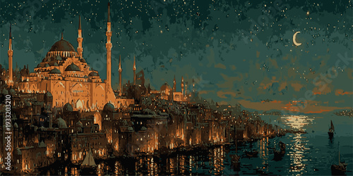 Elegant Ramadan Kareeem greeting card featuring golden Arabic calligraphy on a luxurious blue background with intricate patterns.