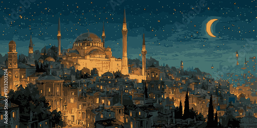 Elegant Ramadan Kareeem greeting card featuring golden Arabic calligraphy on a luxurious blue background with intricate patterns.