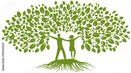 Green tree with family silhouettes, lush leaves & roots. Symbolizing growth, nature, environment, sustainability & family values.
