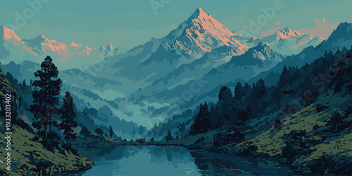 Majestic mountain range with a serene river flowing through a lush green valley
