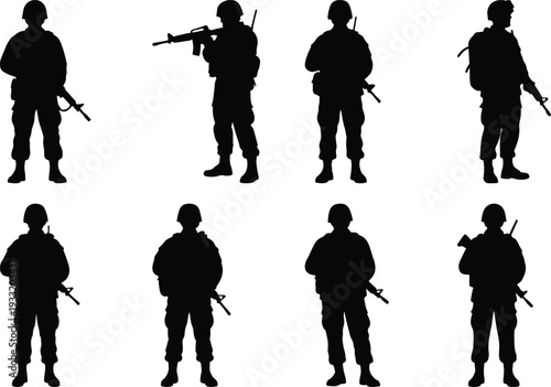 Eight unique silhouette vector art pieces featuring soldiers with rifles, presented in a variety of static and action poses.
