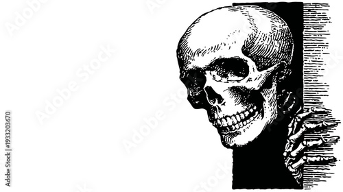 Vintage Engraving of a Human Skull Peeking from a Dark Corner, Macabre Monochrome Illustration for Halloween or Mystery