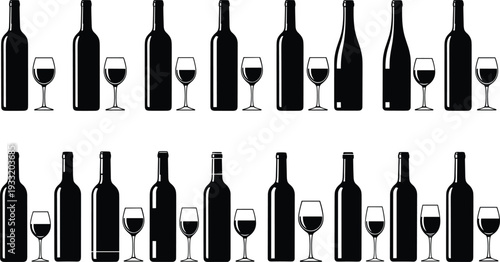 Collection of Wine Bottles and Glasses Silhouettes on White Background wine glass beverage