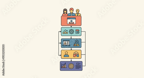 Diverse Team Collaborating on Project Stages Illustrated in Modern Infographic Style