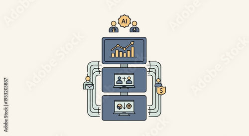 Illustration of a business process workflow with charts and people icons connected by pipes from different viewpoints