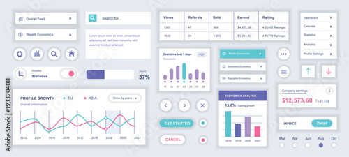Accounting mobile app template with user interface elements. Bundle of UI, UX, GUI kit with calendar, statistics, analytics, profile setting, finance, balance, transaction, more. Vector illustration.