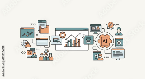Infographic illustration of artificial intelligence and data analysis workflow on digital devices and collaborative teamwork environment from a top-down viewpoint