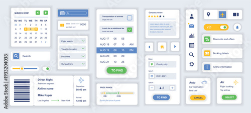 Booking mobile app template with user interface elements. Bundle of UI, UX, GUI kit with calendar, search, flight ticket, choose car, destination, online tracking, rating, more. Vector illustration.
