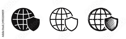 Global Security and Protection Icons Set - Globe and Shield in Solid, Outline, and Hand-Drawn Styles