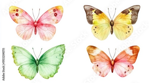 Colorful butterflies in watercolor against a white background for spring illustrations