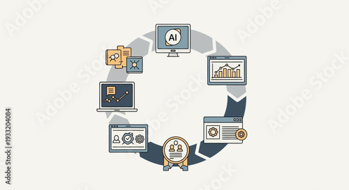 Data Analysis Cycle Illustration Showing Process Flow Diagram on Computer Screens and Devices in a Circular Workflow