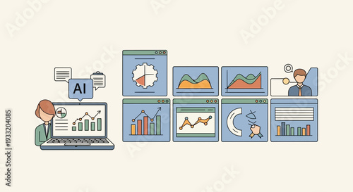 A person analyzing data visualizations on a laptop screen with various charts and graphs displayed in a modern office environment from a straightforward viewpoint