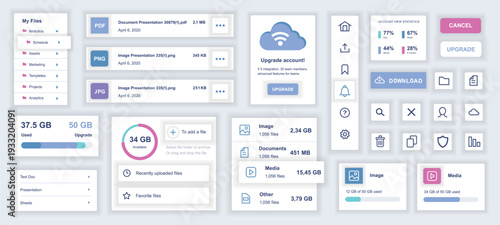 Cloud technology mobile app template with user interface elements. Bundle of UI, UX, GUI kit with account, download files, analytics, schedule, documents, memory storage, more. Vector illustration.