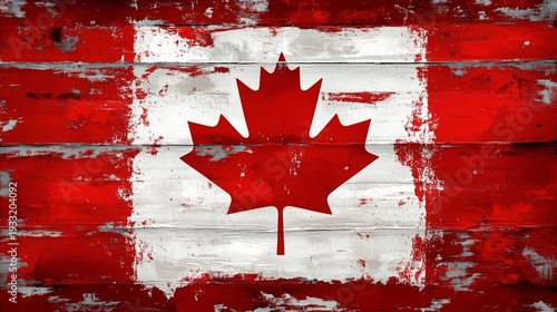 Canadian Flag With Red and White Colors on Wooden Background in a Rustic Style