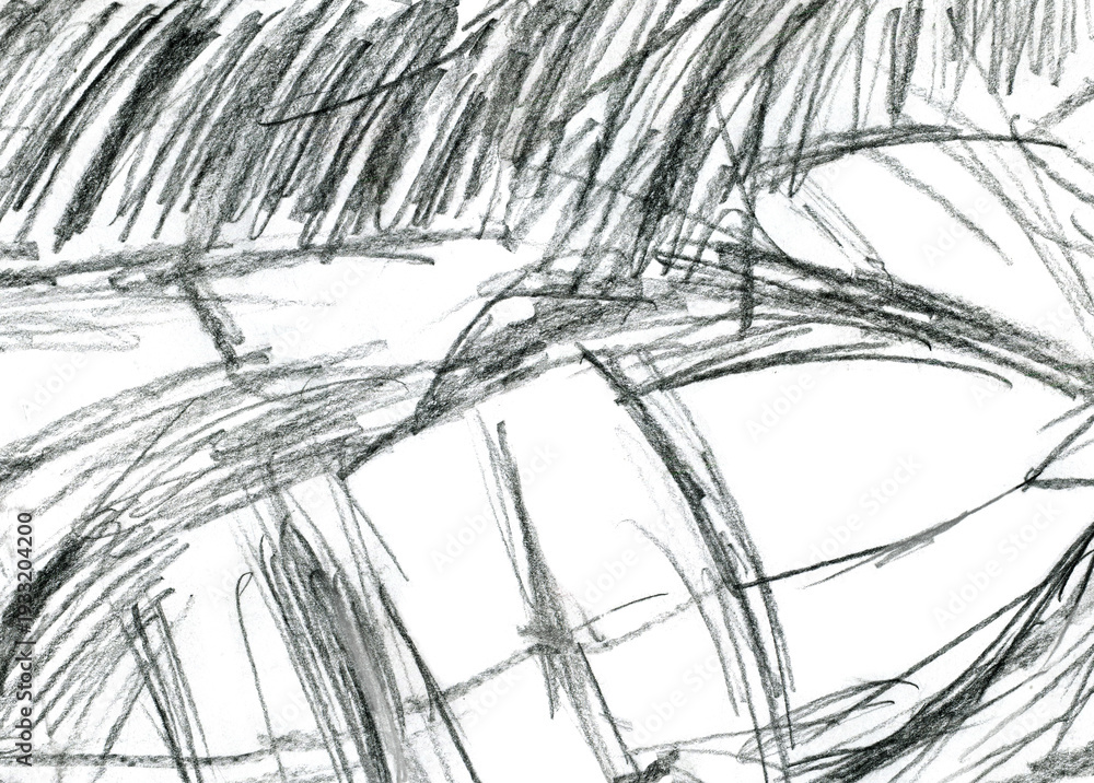 Fototapeta premium Dynamic line mood abstract graphic drawing expression for background. Close up of a black pencil hatch stroke for design on white paper background