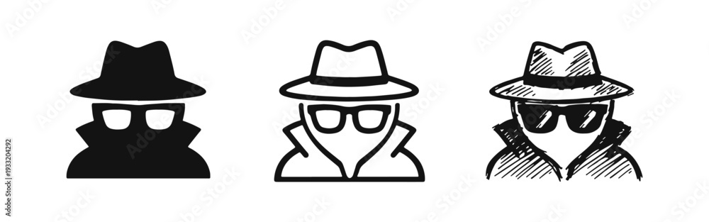 Fototapeta premium Spy Icon Set: Mysterious Detective Figure with Hat and Sunglasses - Silhouette, Outline, and Hand-Drawn Styles.