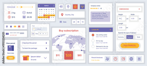 Delivery mobile app template with user interface elements. Bundle of UI, UX, GUI kit with package dimensions, calendar, location, parcel track, company review, courier, more. Vector illustration.
