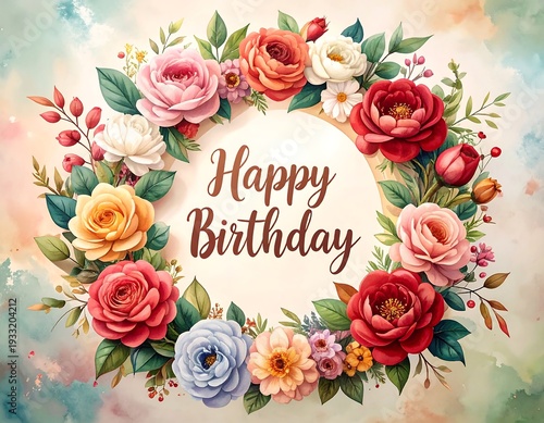 Vibrant floral Happy Birthday wreath design.