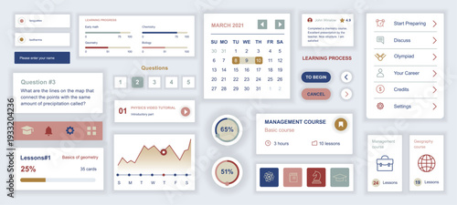 Education mobile app template with user interface elements. Bundle of UI, UX, GUI kit with learning process, data, calendar, lessons plan, study, video tutorial, course, more. Vector illustration.