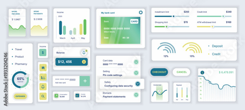 Finance mobile app template with user interface elements. Bundle of UI, UX, GUI kit with card credit balance, money, income, expense, shopping limit, settings, checkout, more. Vector illustration.
