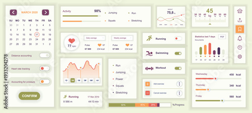 Fitness mobile app template with user interface elements. Bundle of UI, UX, GUI kit with calendar, distance, heart rate tracking, activity, pulse graph, running, workout, more. Vector illustration.