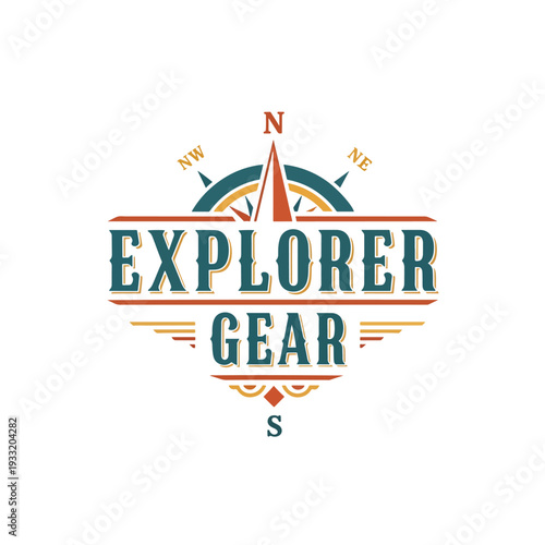 Vintage explorer gear emblem with compass rose for outdoor adventure navigation