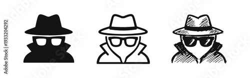 Spy Icon Set: Mysterious Detective Figure with Hat and Sunglasses - Silhouette, Outline, and Hand-Drawn Styles.