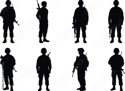 Group of eight soldier silhouettes in various positions, equipped with firearms, representing the armed forces.