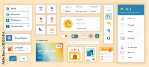 Shopping mobile app template with user interface elements. Bundle of UI, UX, GUI kit with online market, profile, payment, cashback, delivery, products, discounts, basket, more. Vector illustration.