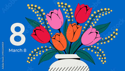 Colorful bouquet of tulips in vase with blue background for March 8  
