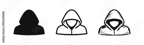 Hooded Sweatshirt Figure Icon Set: Anonymous Person in Hoodie - Silhouette, Outline, and Hand-Drawn Styles.