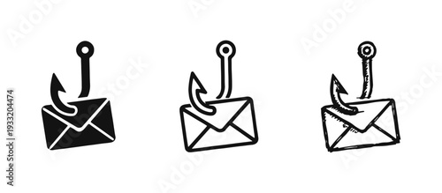 Phishing Email Icon Set: Cyber Scam and Data Theft Symbols - Silhouette, Outline, and Hand-Drawn Styles.