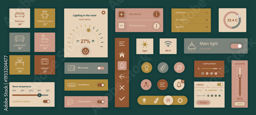 Smart home mobile app template with user interface elements. Bundle of UI, UX, GUI kit with dashboard room, temperature thermostat, energy, lightning, wifi, security system, more. Vector illustration.