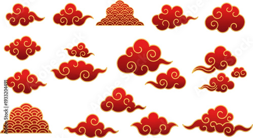 Vintage vector illustration set featuring a seamless pattern decorated by floral summer nature elements, hearts, and clouds in a cute cartoon art design for labels and cards