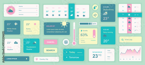 Weather mobile app template with user interface elements. Bundle of UI, UX, GUI kit with calendar, day, week, temperature data, atmospheric pressure, forecast dashboards, more. Vector illustration.