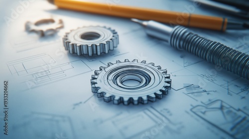 Gears, Pencils, and Blueprints on a Work Desk During a Design Session in a Wo...